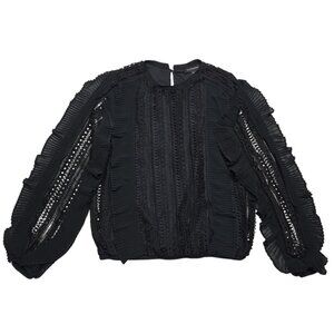 Calligraphie Top Womens Small Black Ruffle Crochet Whimsigoth Balloon Sleeve